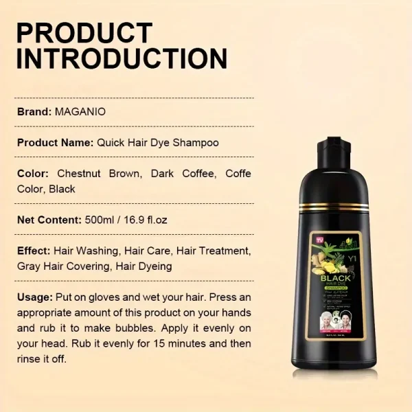 Premium 500ml Instant Hair Dye Shampoo Bottle - 4-in-1 Herbal Color & 100% Gray Coverage