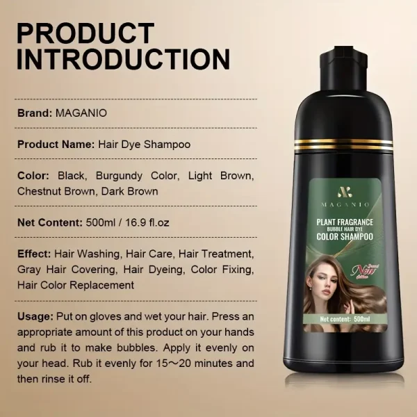 Magari 500ml Plant Fragrance Bubble Hair Dye Shampoo - Premium Herbal Color (5 Shades)