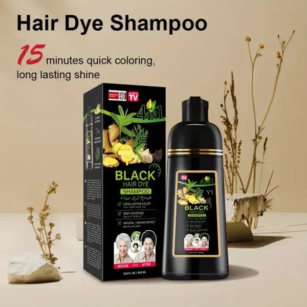 Premium 500ml Instant Hair Dye Shampoo Bottle - 4-in-1 Herbal Color & 100% Gray Coverage