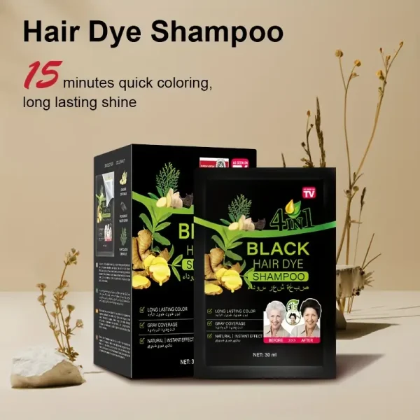 4-in-1 Instant Black Hair Dye Shampoo Sachet - 100% Gray Coverage Herbal Formula (30ml x 10 Pack)
