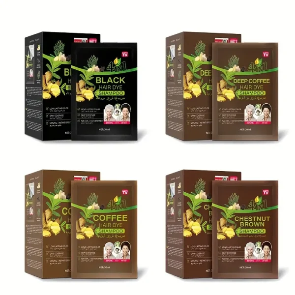4-in-1 Instant Black Hair Dye Shampoo Sachet - 100% Gray Coverage Herbal Formula (30ml x 10 Pack)