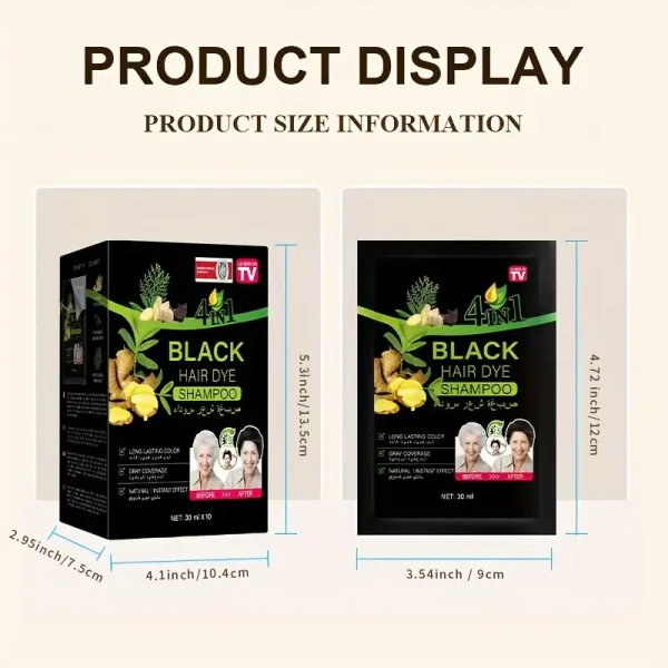 4-in-1 Instant Black Hair Dye Shampoo Sachet - 100% Gray Coverage Herbal Formula (30ml x 10 Pack)