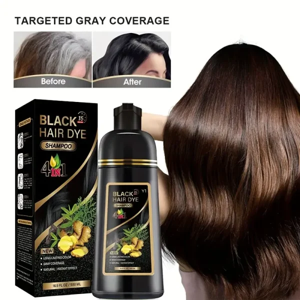 500ml Herbal Dye Bottle - 4-in-1 Instant Black Hair Dye Shampoo for Targeted Gray Coverage